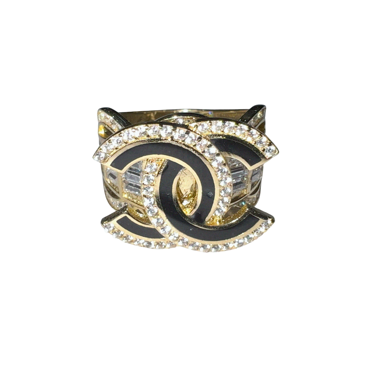 Zirconia covered Chanel with black underline, Gold Ring