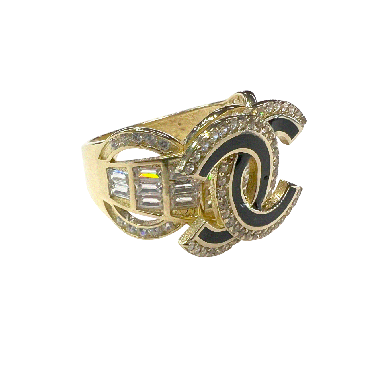 Zirconia covered Chanel with black underline, Gold Ring