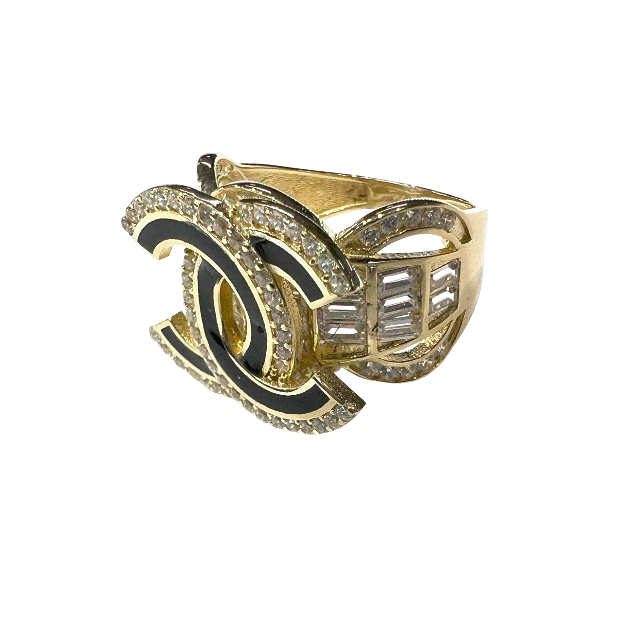Zirconia covered Chanel with black underline, Gold Ring