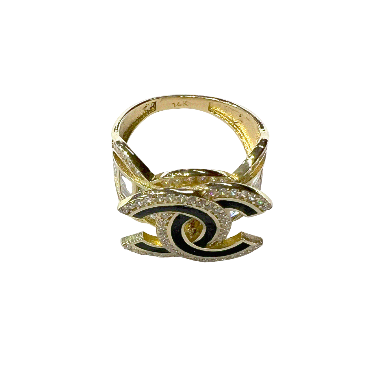 Zirconia covered Chanel with black underline, Gold Ring