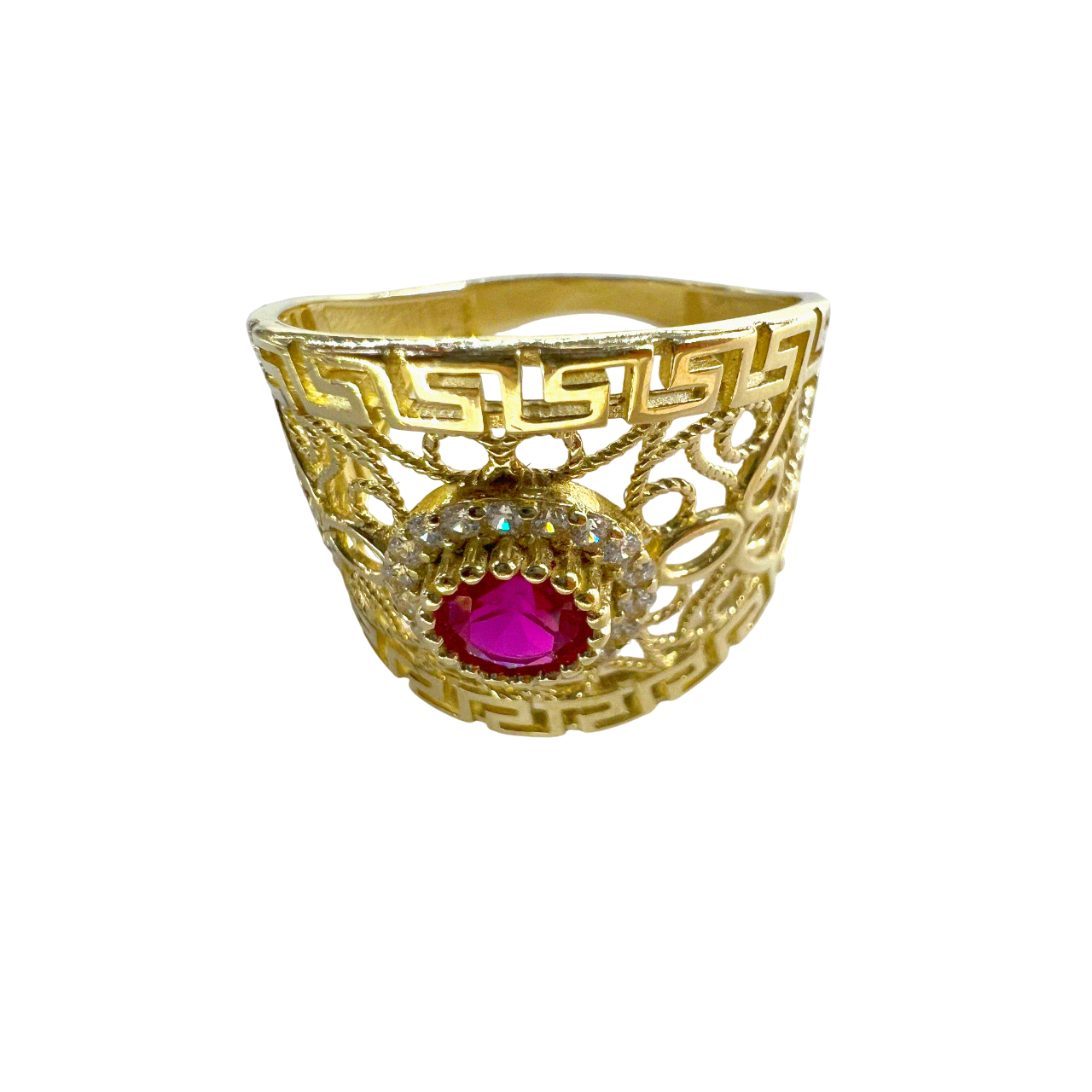 Gold Stylized Ring with Pink Center Peace