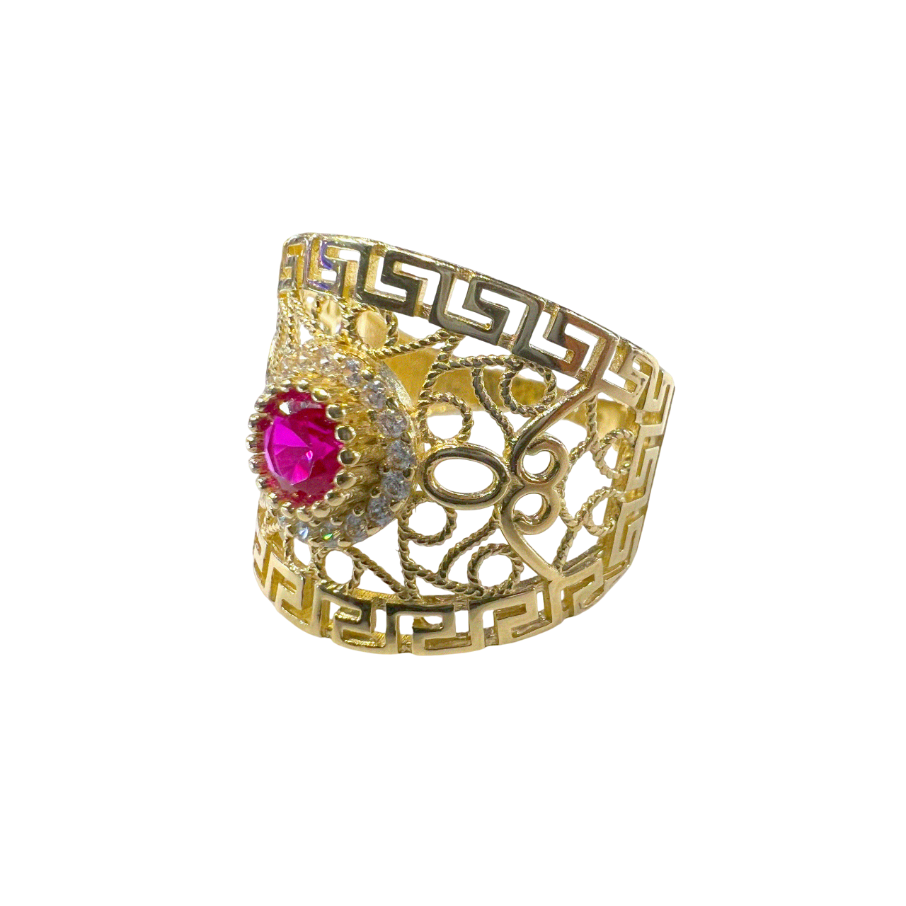 Gold Stylized Ring with Pink Center Peace