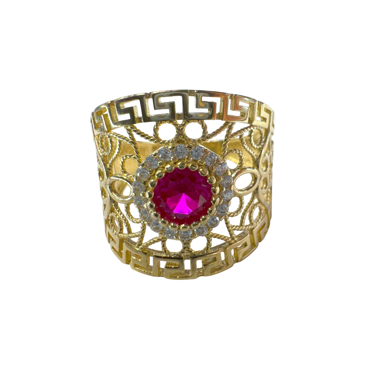 Gold Stylized Ring with Pink Center Peace