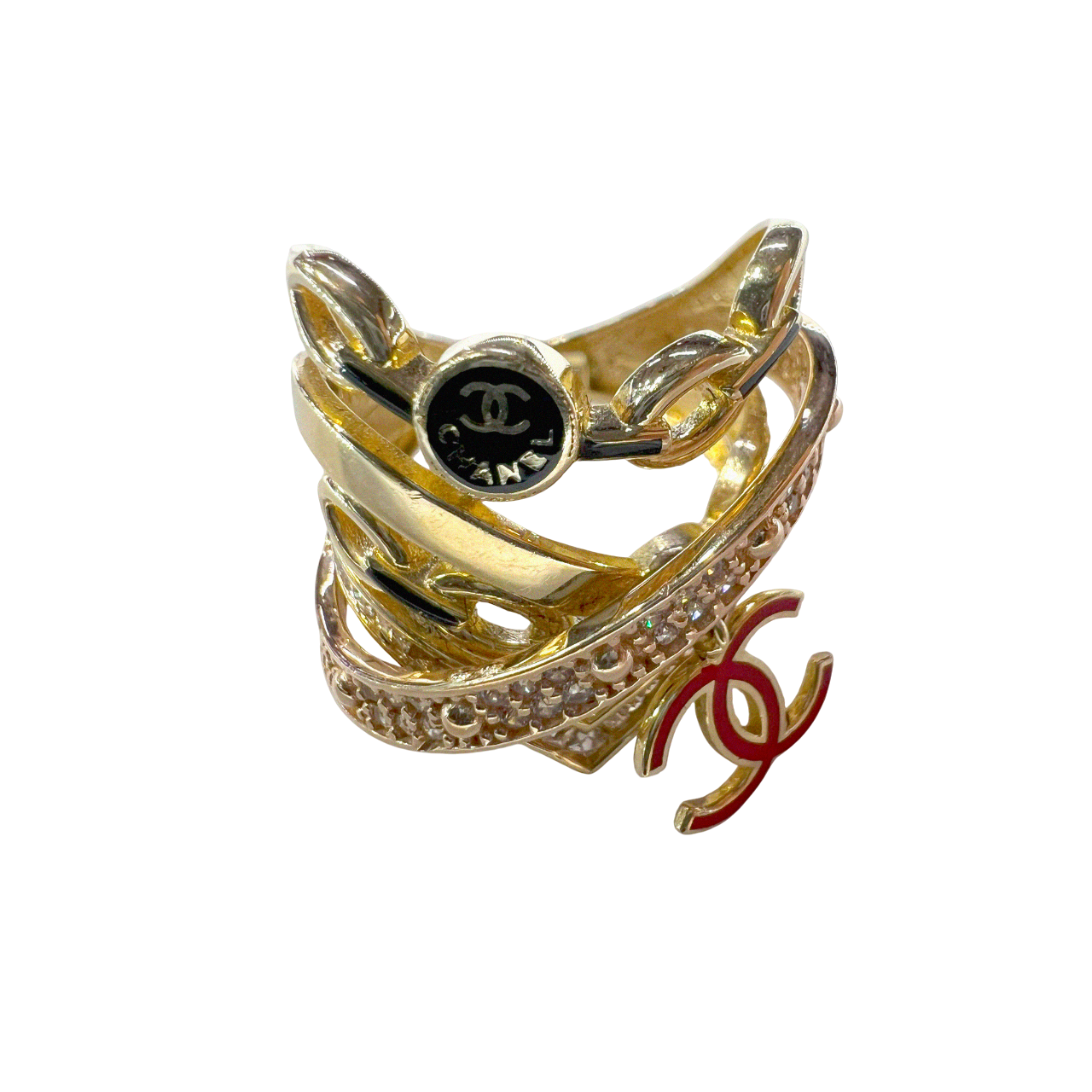 Gold Chanel Abstract Ring with Hanging Red Logo