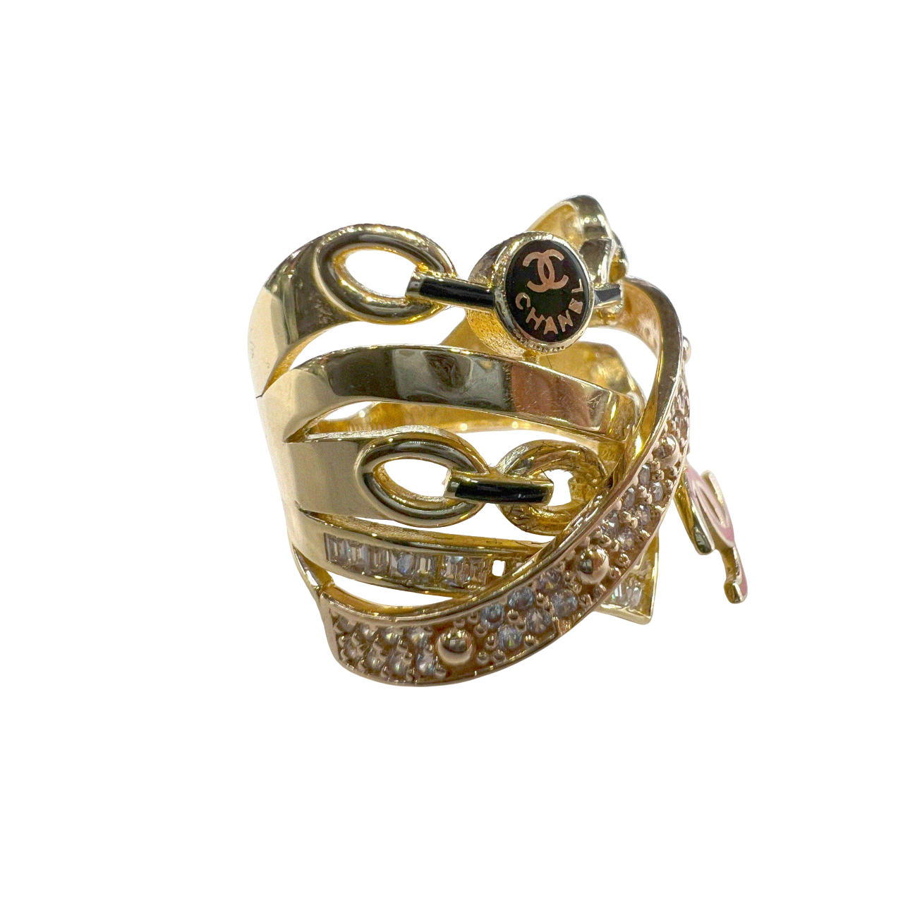 Gold Chanel Abstract Ring with Hanging Red Logo