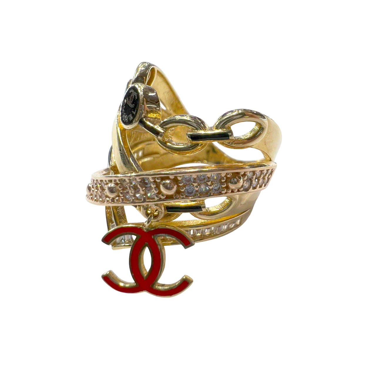 Gold Chanel Abstract Ring with Hanging Red Logo