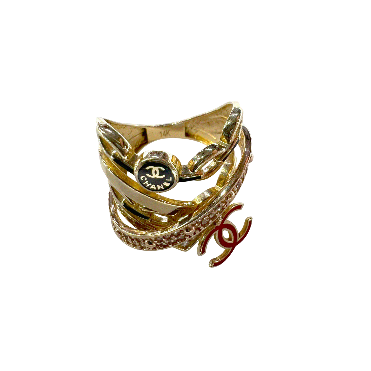 Gold Chanel Abstract Ring with Hanging Red Logo