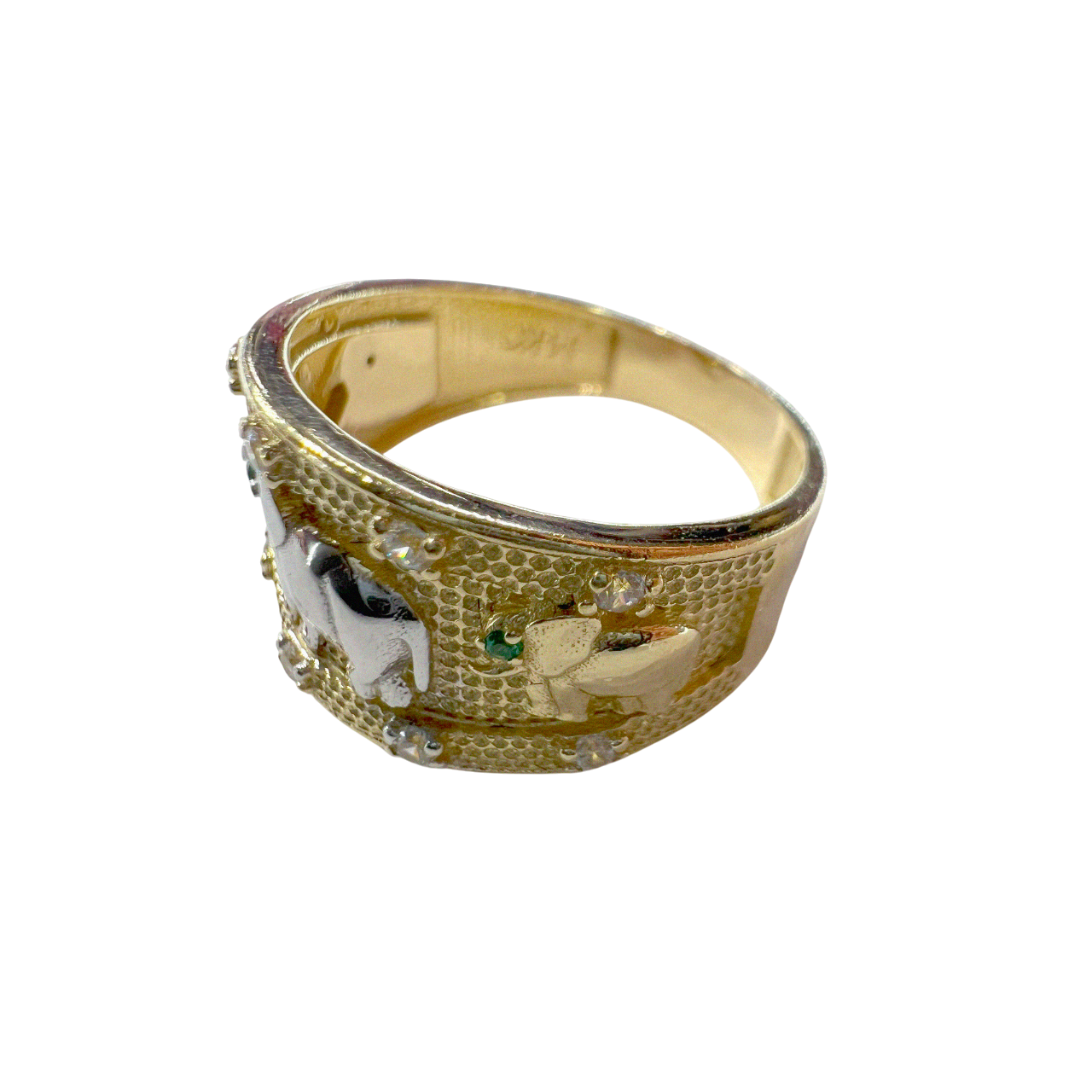 Zirconia Filled Gold Ring with marching Elephant Silver Center