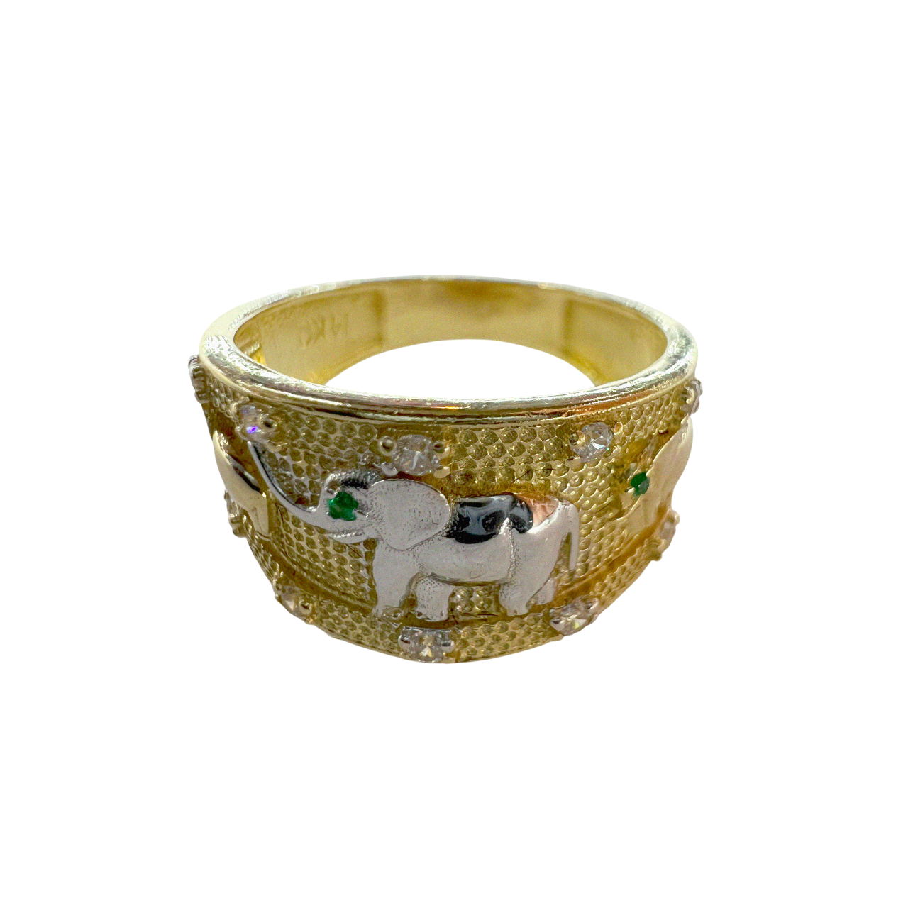 Zirconia Filled Gold Ring with marching Elephant Silver Center