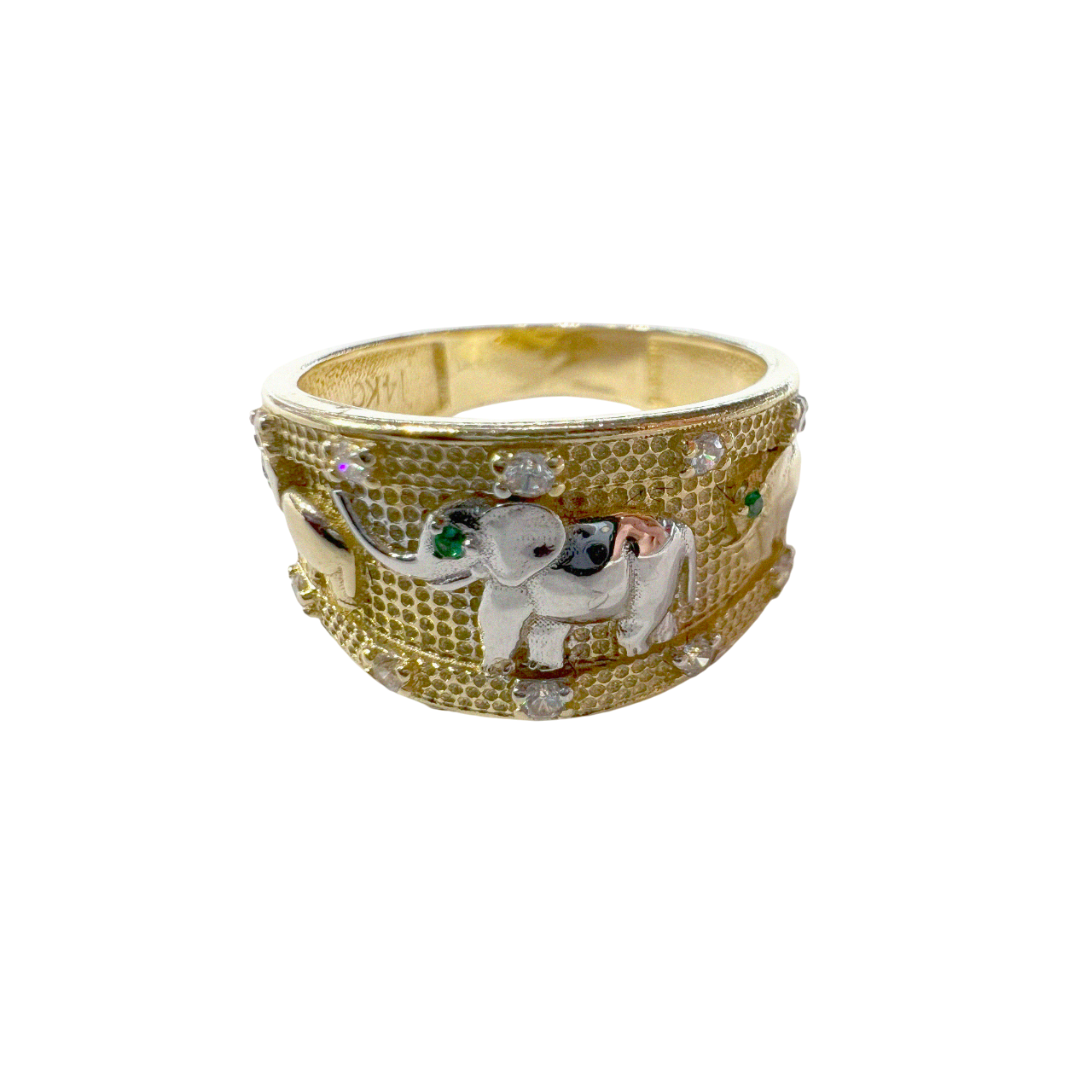 Zirconia Filled Gold Ring with marching Elephant Silver Center