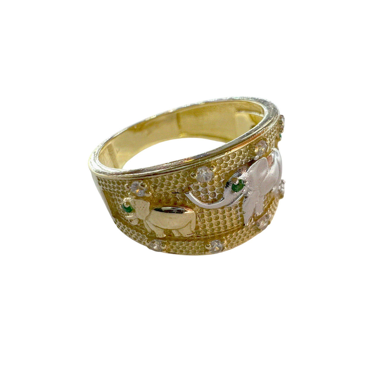 Zirconia Filled Gold Ring with marching Elephant Silver Center