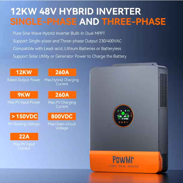 PowMr hibridni solarni inverter je trofazni inverter sa MPPT izlazom, namenjen za turiste van mreže 12KW, radi na 48V sa izlaznim naponom od 220V i podržava struju do 180A i 260A.