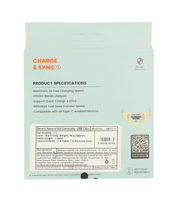 Ambrane Type-C Powerbank cable (APCC-11 White)