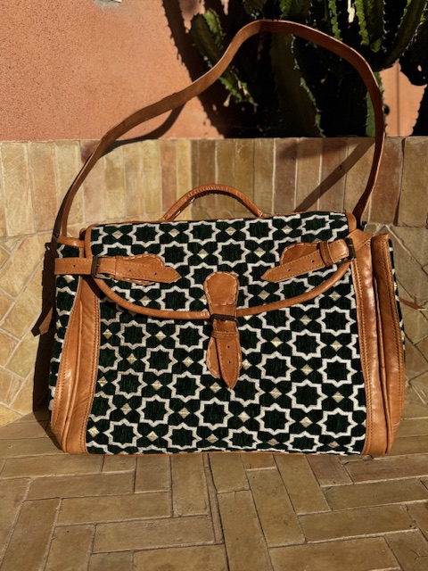 Sac Week-end en tissu Zellige vert foncé et cuir 
