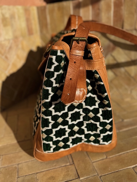 Sac Week-end en tissu Zellige vert foncé et cuir 