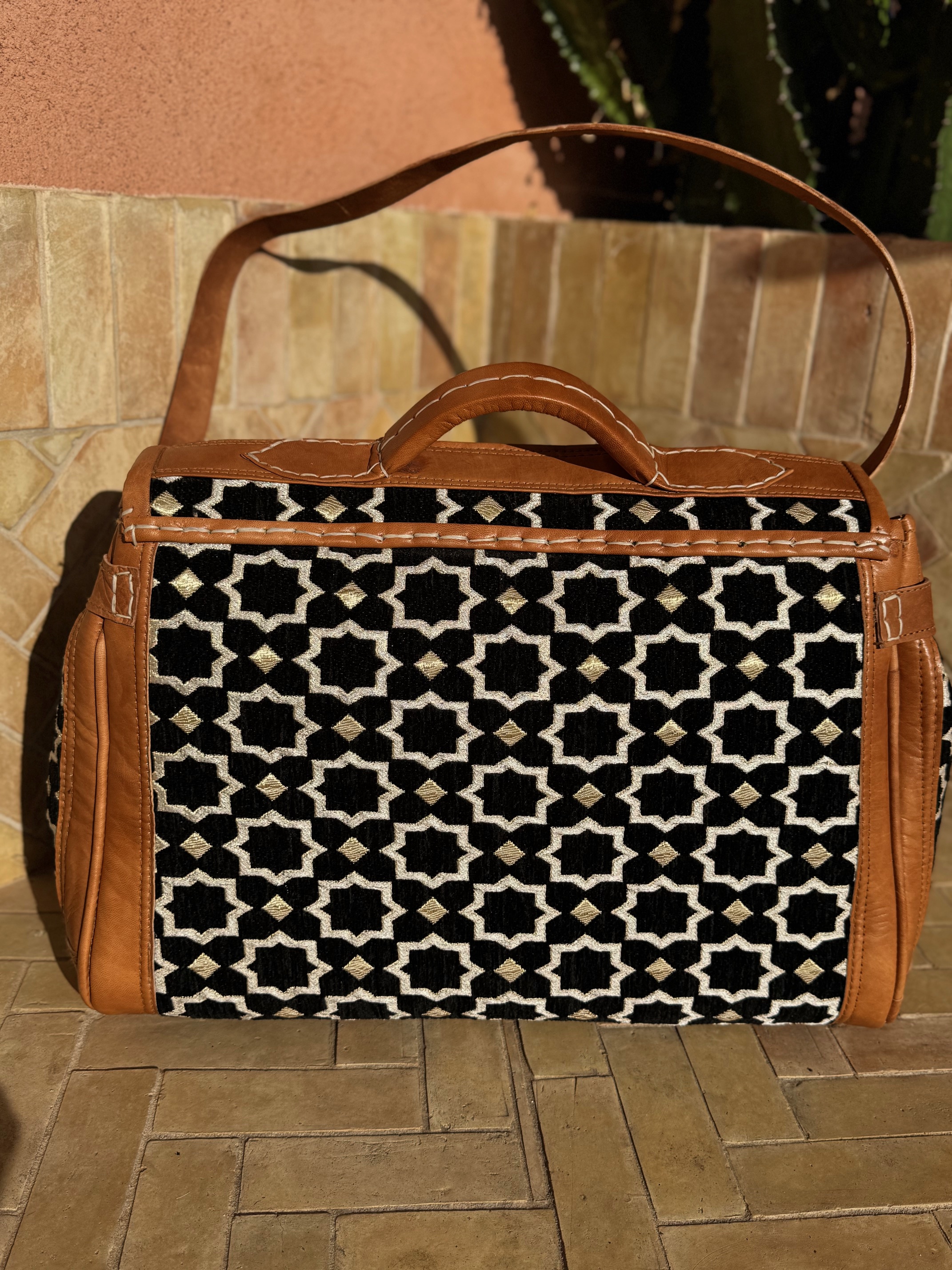 Sac Week-end en tissu Zellige noir et cuir 