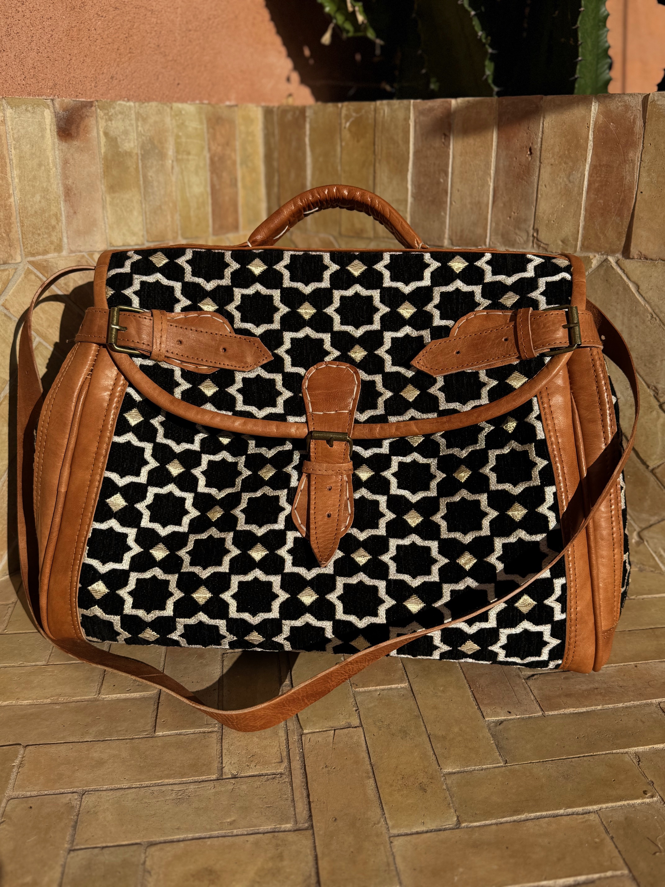 Sac Week-end en tissu Zellige noir et cuir 