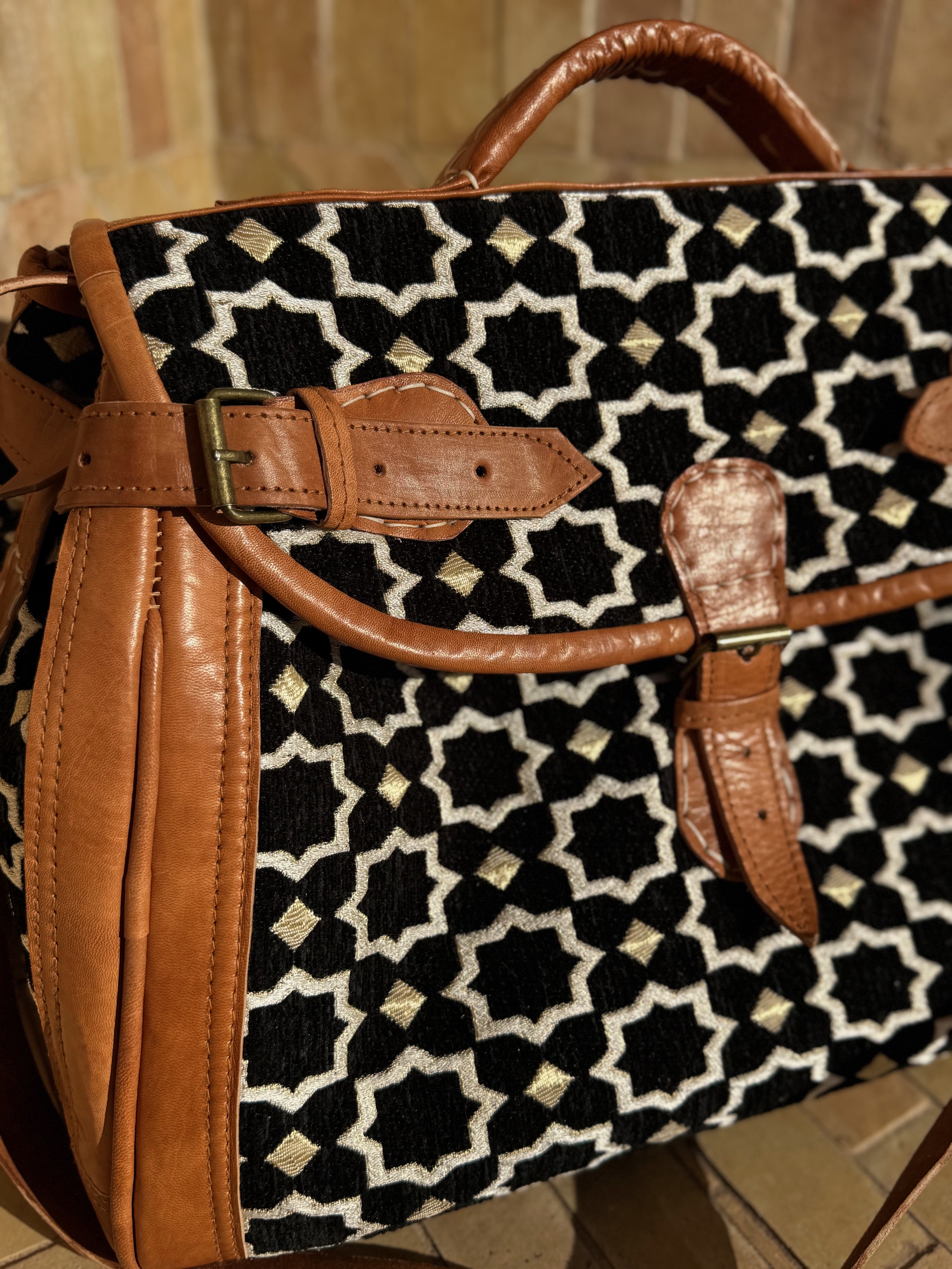 Sac Week-end en tissu Zellige noir et cuir 