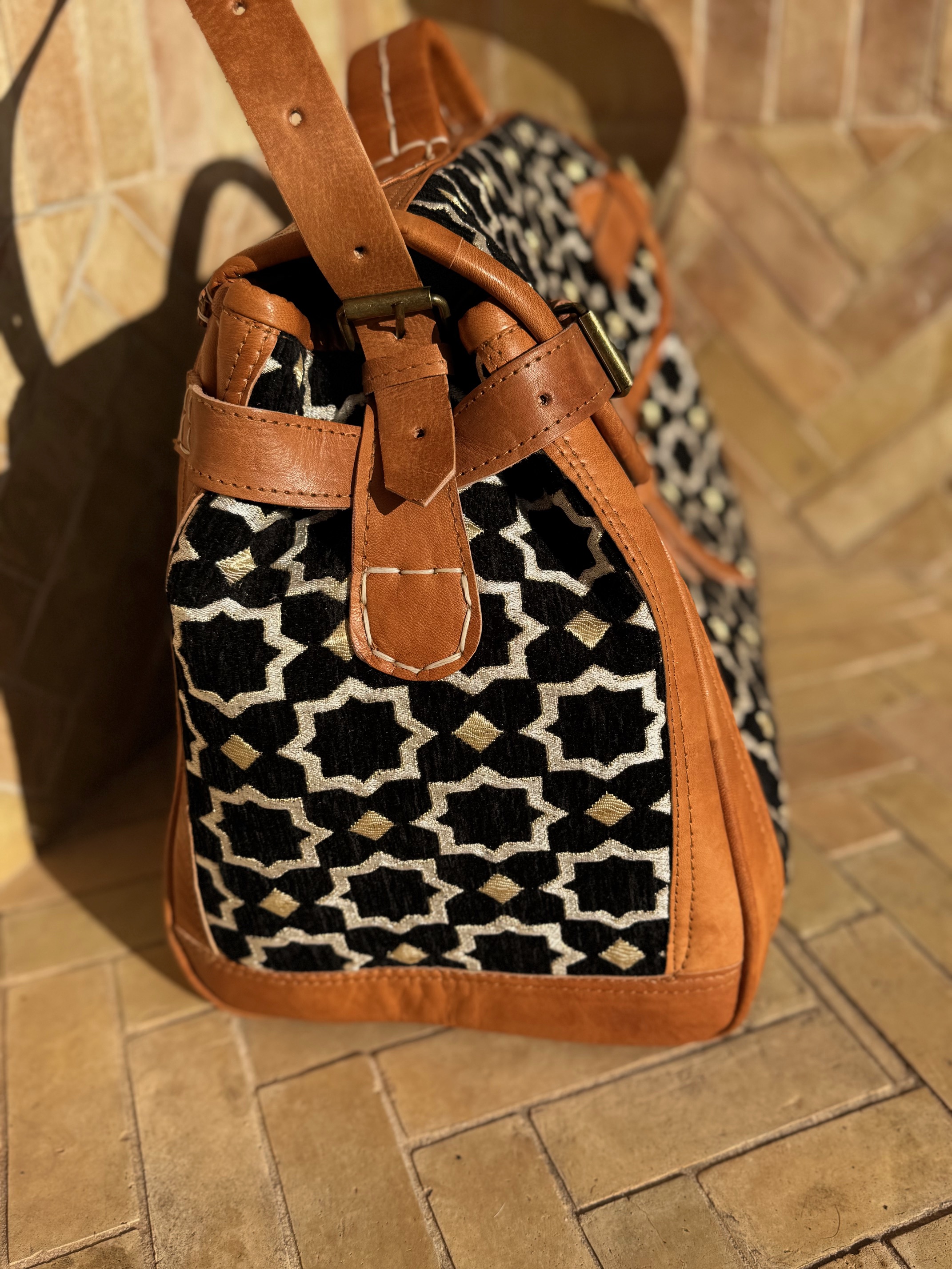 Sac Week-end en tissu Zellige noir et cuir 