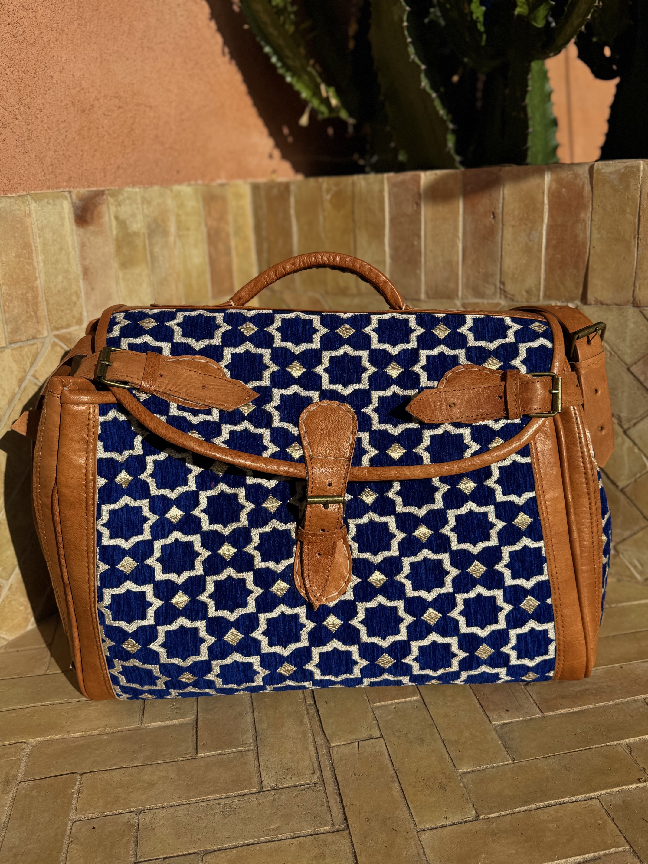 Sac Week-end en tissu Zellige bleu et cuir 