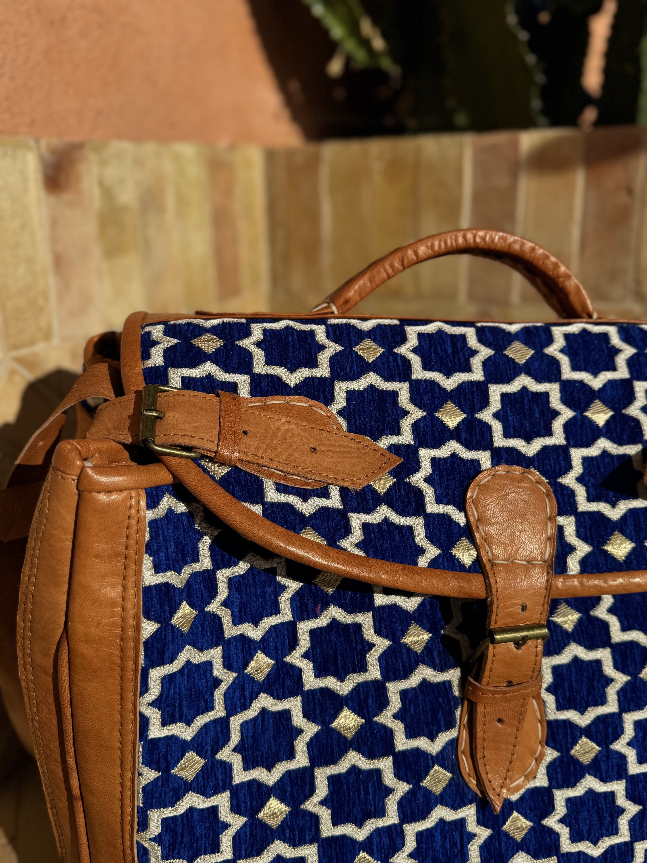 Sac Week-end en tissu Zellige bleu et cuir 