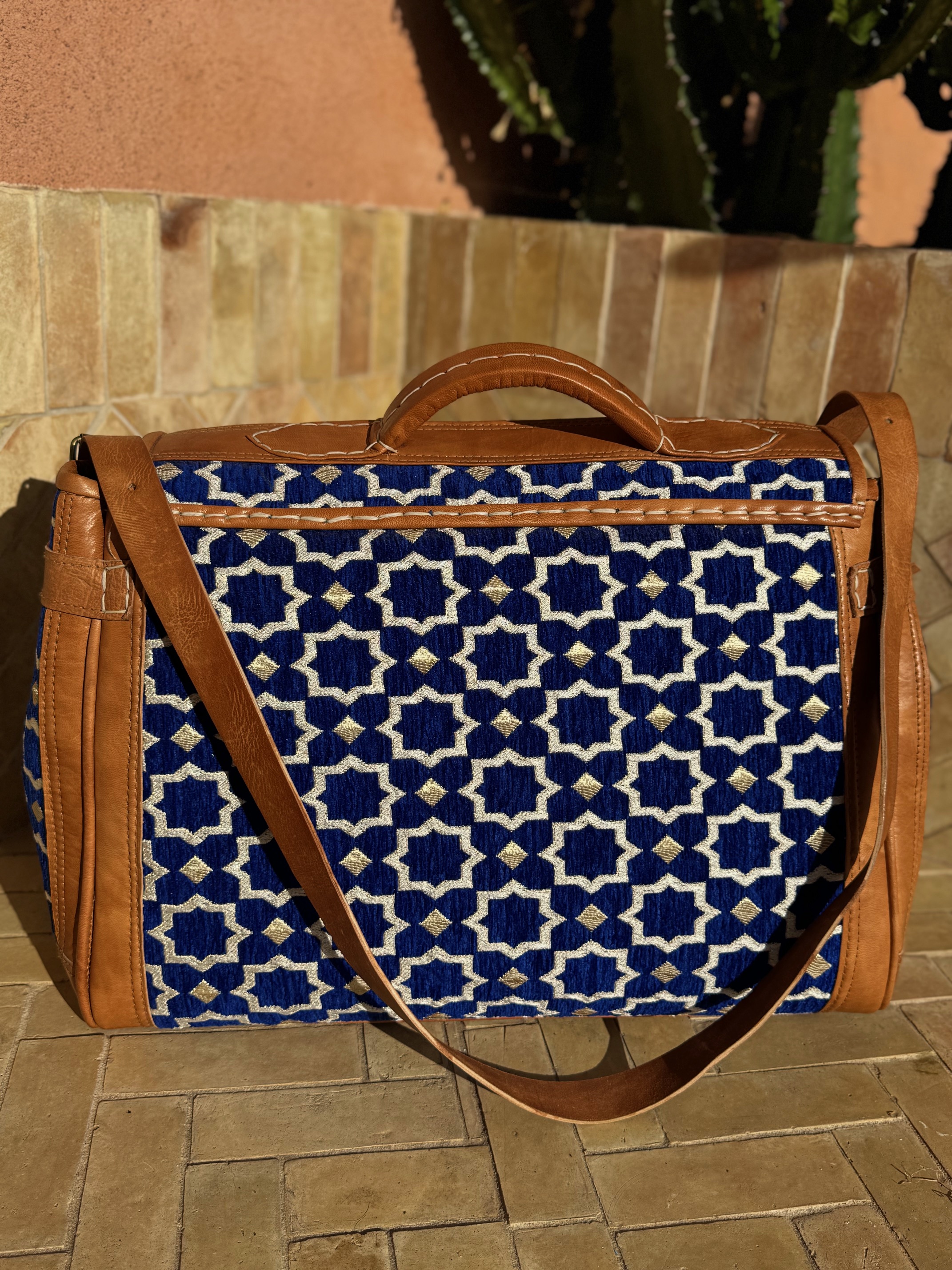 Sac Week-end en tissu Zellige bleu et cuir 