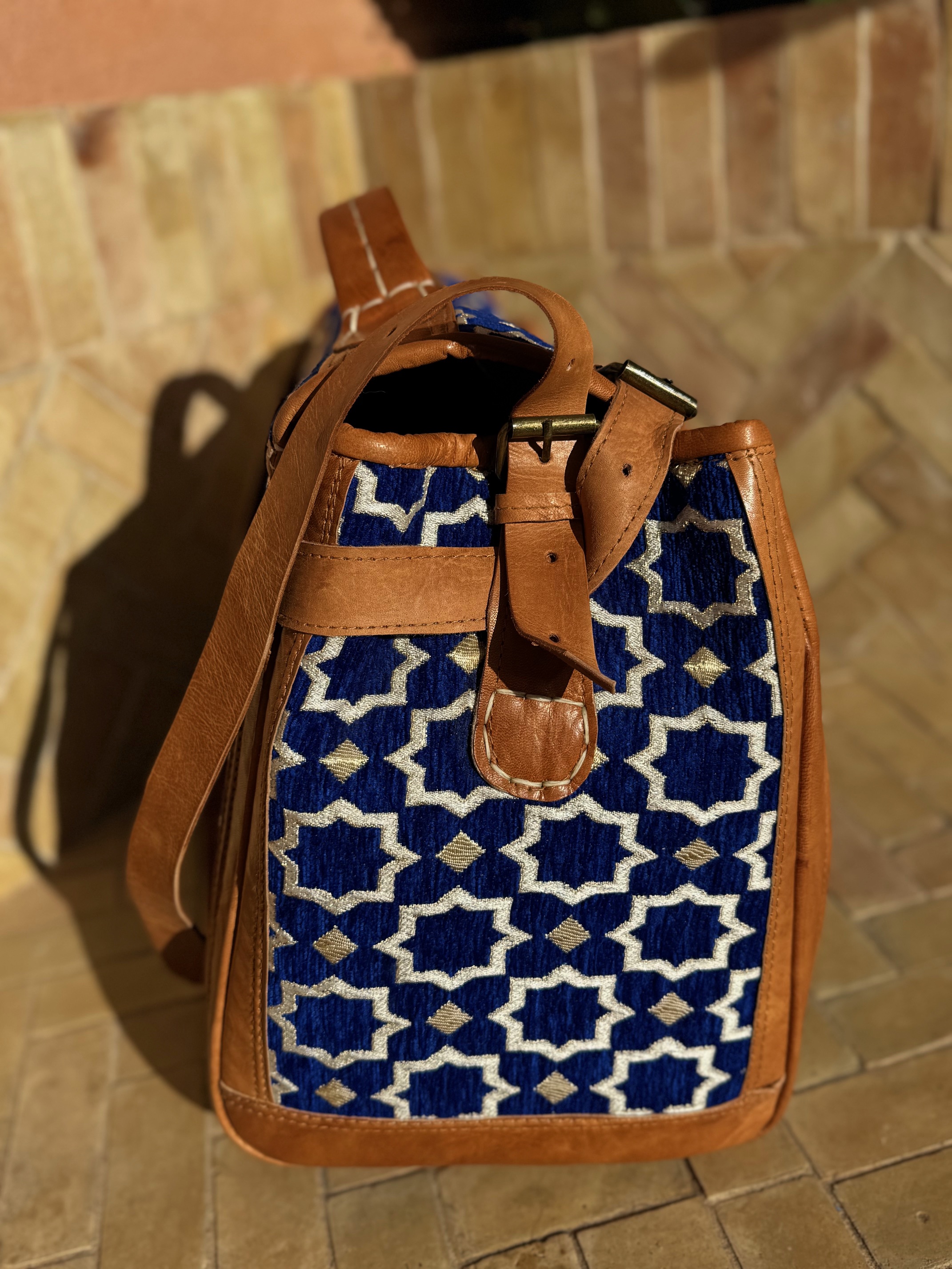 Sac Week-end en tissu Zellige bleu et cuir 