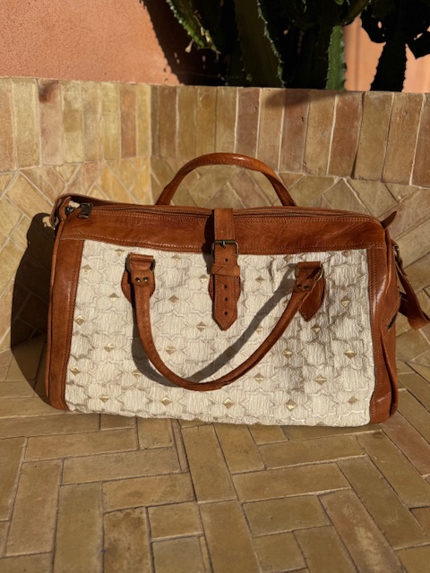 Sac Week-end en tissu Zellige blanc et cuir 
