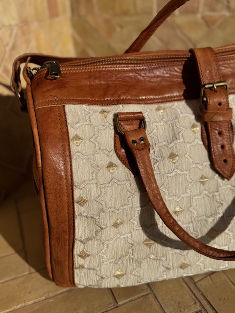 Sac Week-end en tissu Zellige blanc et cuir 
