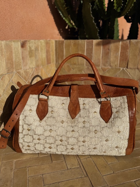 Sac Week-end en tissu Zellige blanc et cuir 