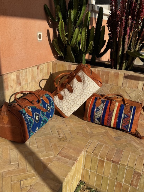 Sac Week-end en kilim berbère bleu et cuir 
