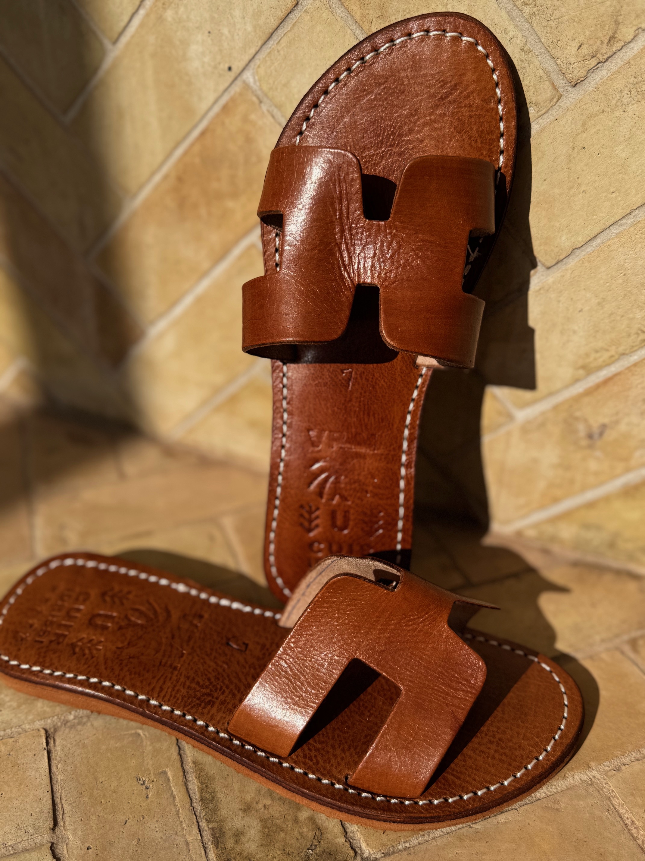 Mules d'été H cuir véritable camel
