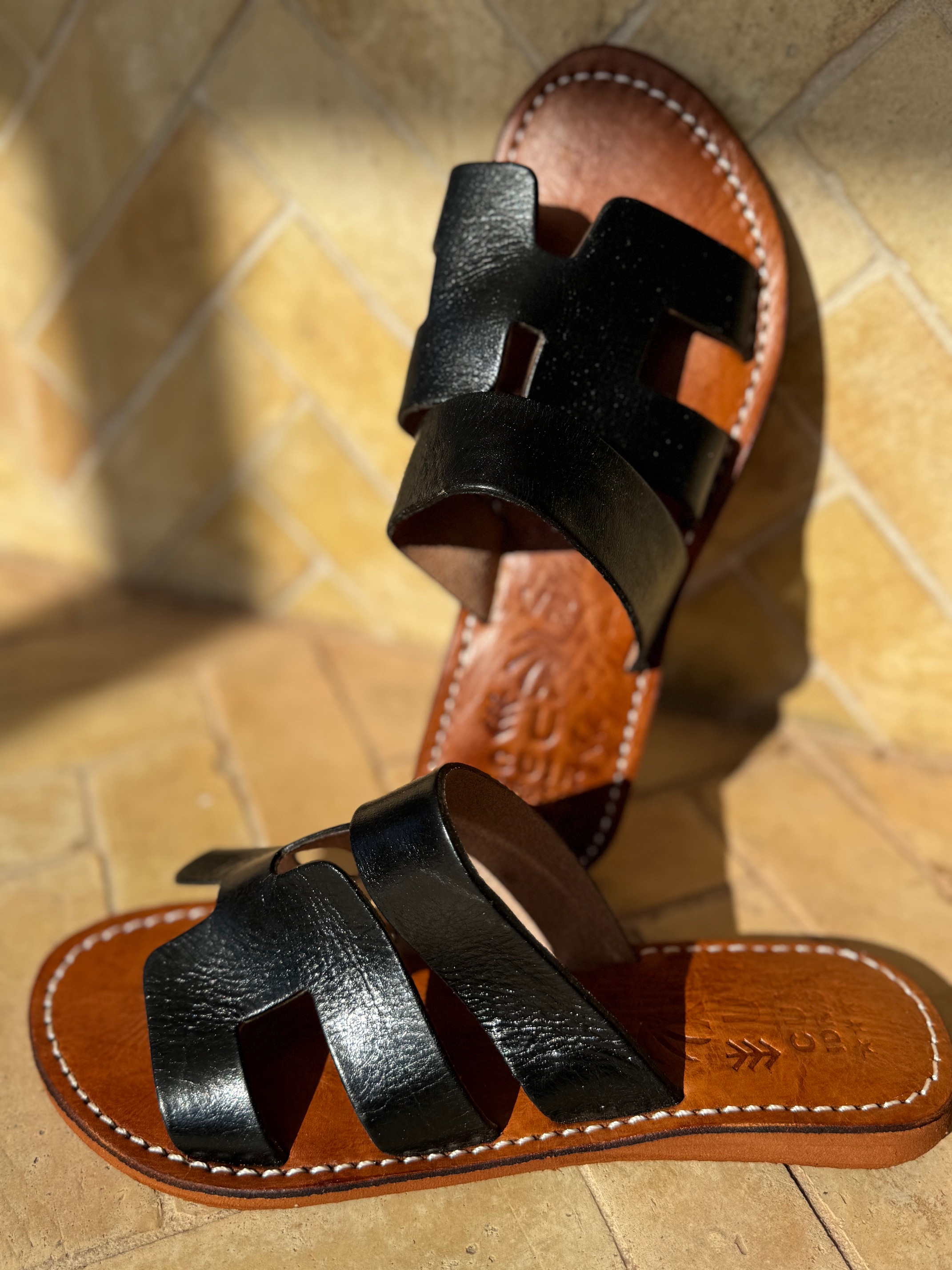 Mules d'été H double cuir véritable noir