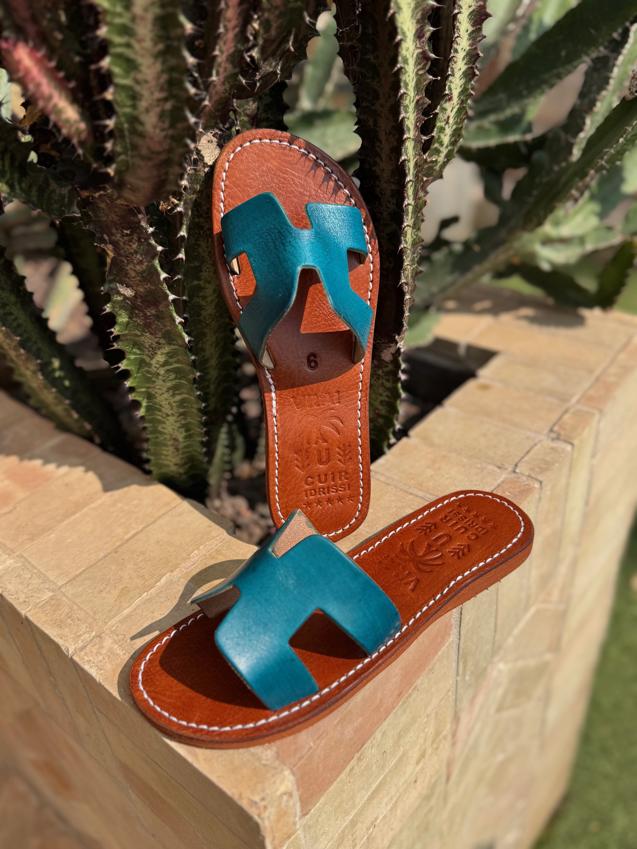 Mules d'été H cuir véritable Bleu canard