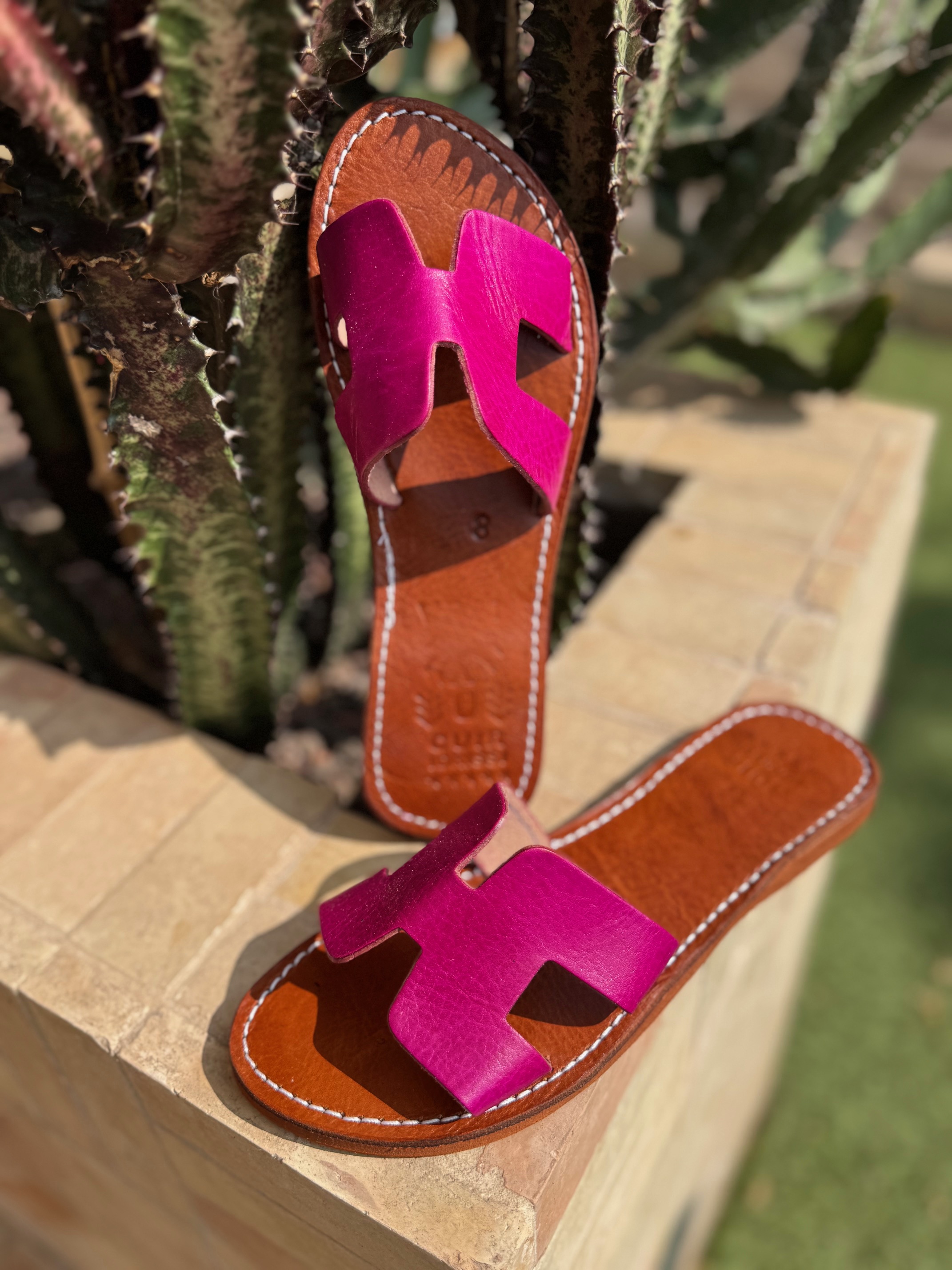 Mules d'été H cuir véritable Fuschia