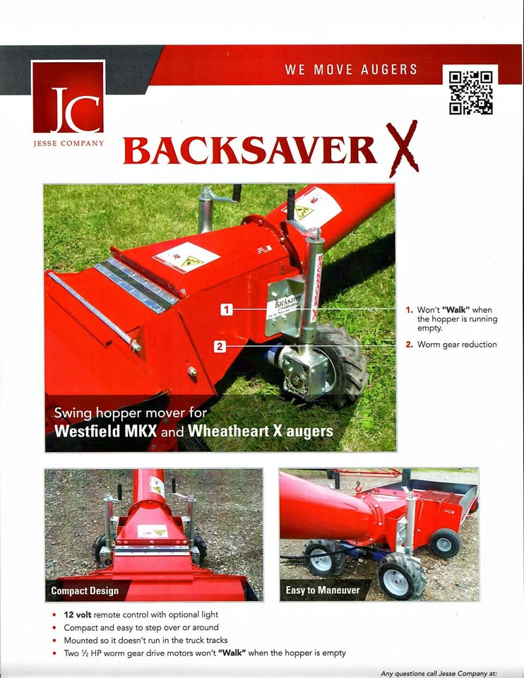 Back saver X, Back saver winch, auger hopper swing