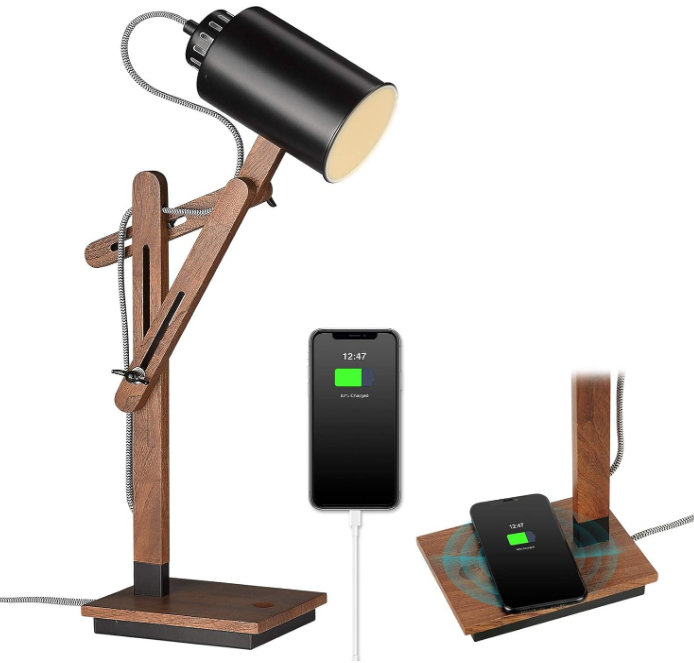 Touch Control Desk Lamp with Wireless Charging & USB Port, Sapele Wood Reading Task Light,Adjustable, Swing Arm Table Lamp for Bedroom, Study Work, Office, Dorm, LED Bulb Included, Black