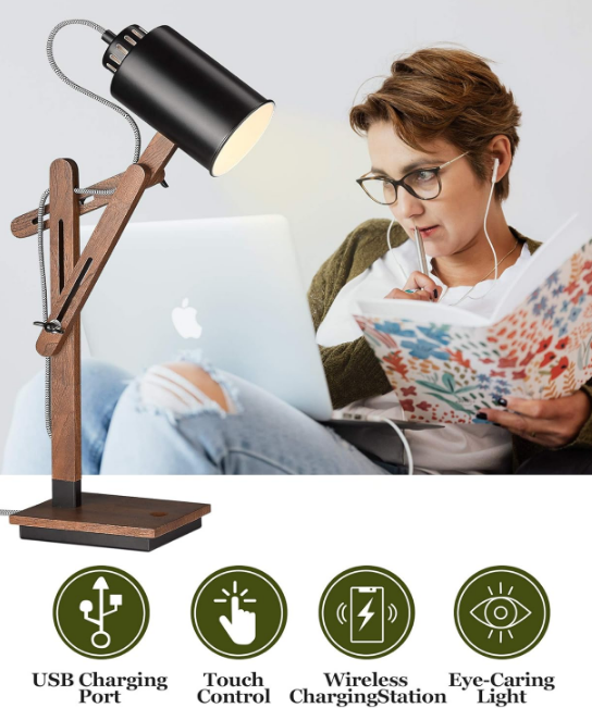Touch Control Desk Lamp with Wireless Charging & USB Port, Sapele Wood Reading Task Light,Adjustable, Swing Arm Table Lamp for Bedroom, Study Work, Office, Dorm, LED Bulb Included, Black