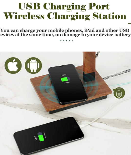 Touch Control Desk Lamp with Wireless Charging & USB Port, Sapele Wood Reading Task Light,Adjustable, Swing Arm Table Lamp for Bedroom, Study Work, Office, Dorm, LED Bulb Included, Black