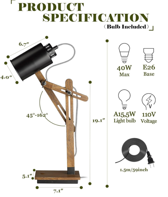 Touch Control Desk Lamp with Wireless Charging & USB Port, Sapele Wood Reading Task Light,Adjustable, Swing Arm Table Lamp for Bedroom, Study Work, Office, Dorm, LED Bulb Included, Black