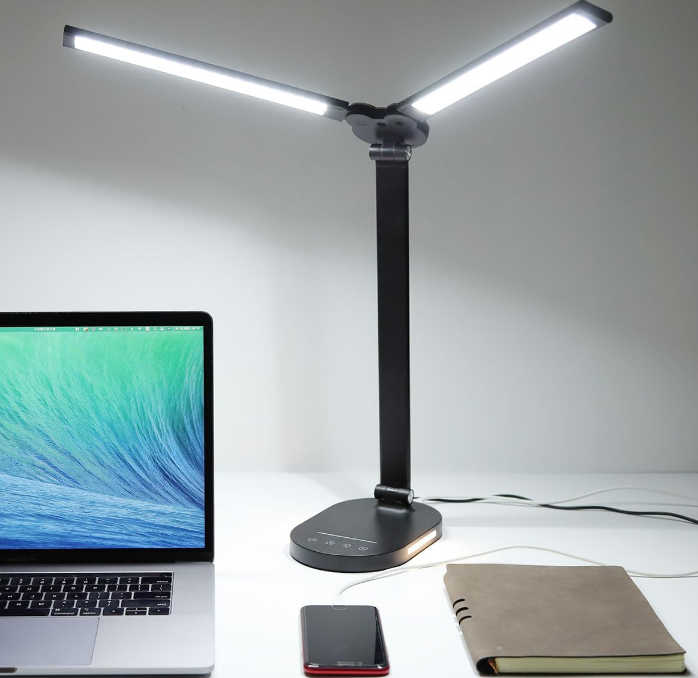 LED Desk Lamps for Home Office, 14W Double Swing Arm LED Desk Lamp with USB Charging Port, Eye-Caring Architect Task Lamp, Desktop Lamp with Night Light Table Light for Work Study Craft with Adapter