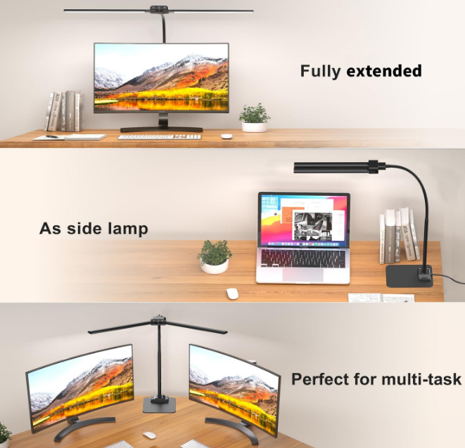 Desk Lamp Double Light: Bright Led Desk Lights for Home Office - Eye Care Reading Table Lamps with Base - Dimmable Desktop Lighting for Computer Monitor Study Drafting
