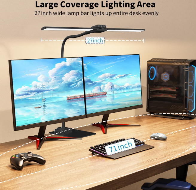 Desk Lamp Double Light: Bright Led Desk Lights for Home Office - Eye Care Reading Table Lamps with Base - Dimmable Desktop Lighting for Computer Monitor Study Drafting