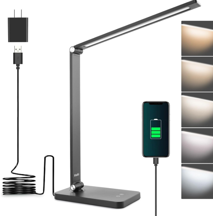 LED Desk Lamp for Home Office,Touch Desk Light 5 Light Modes 3 Brightness,Foldable Table Lamp with Adjustable Arm,Eye-Caring Lamp with USB Port, Bedside Lamp for Working Reading Study,Black