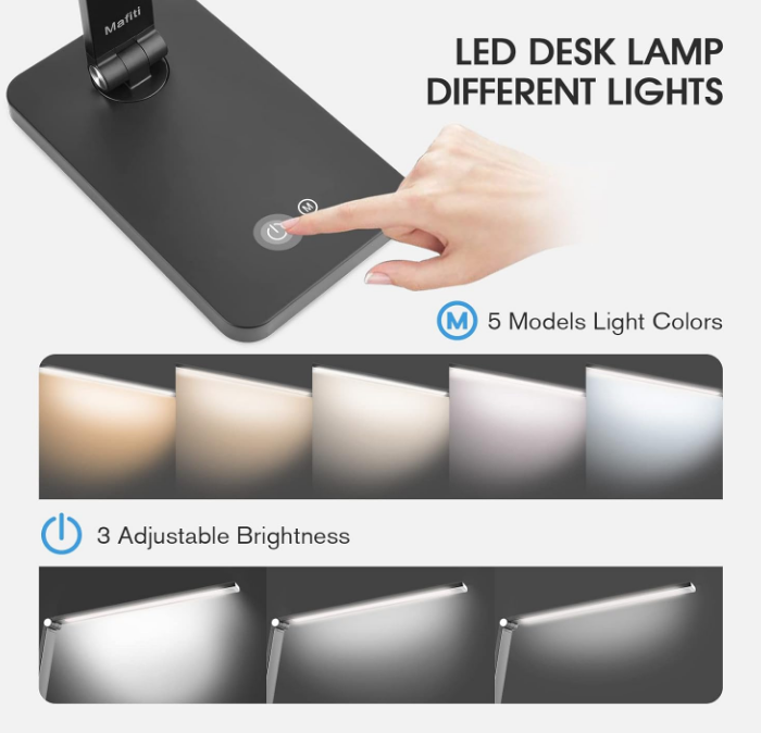 LED Desk Lamp for Home Office,Touch Desk Light 5 Light Modes 3 Brightness,Foldable Table Lamp with Adjustable Arm,Eye-Caring Lamp with USB Port, Bedside Lamp for Working Reading Study,Black