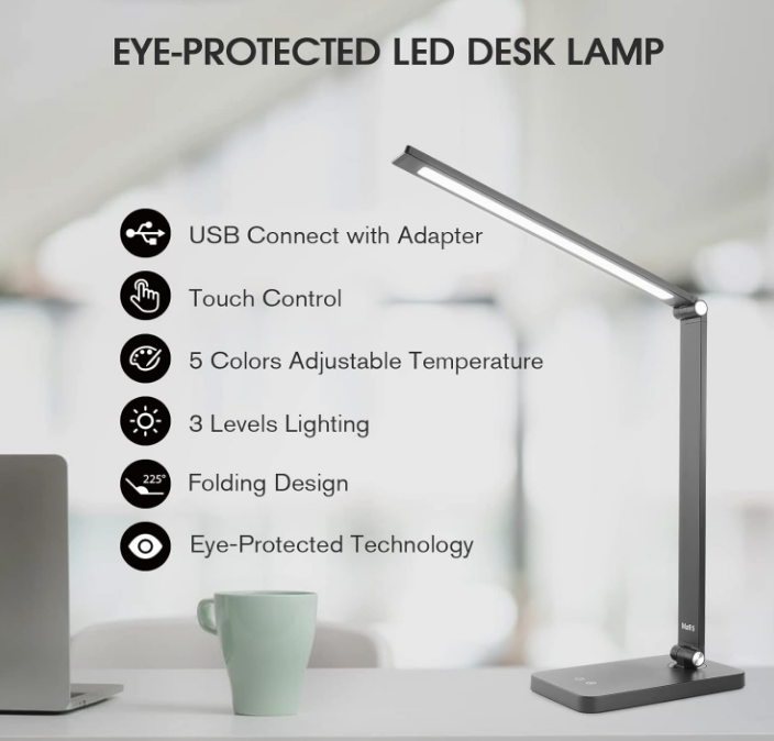 LED Desk Lamp for Home Office,Touch Desk Light 5 Light Modes 3 Brightness,Foldable Table Lamp with Adjustable Arm,Eye-Caring Lamp with USB Port, Bedside Lamp for Working Reading Study,Black