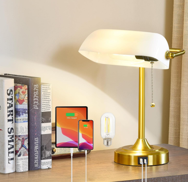 Desk Lamp Bankers Lamp - Retro Table Lamp with USB & Type C Charging Ports Traditional Pull Chain Switch Library Lamp for Home Office Nightstand Bedroom Side Table Lamp(T45 Bulb Included)