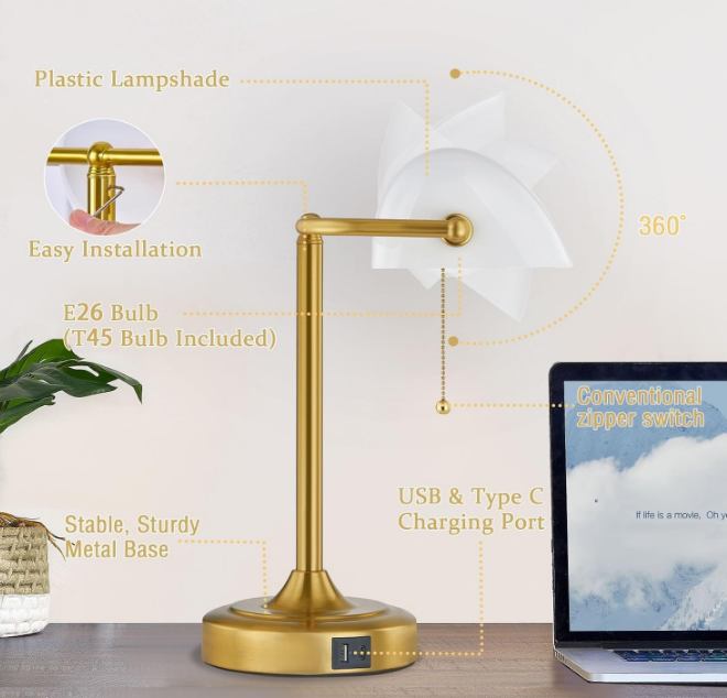 Desk Lamp Bankers Lamp - Retro Table Lamp with USB & Type C Charging Ports Traditional Pull Chain Switch Library Lamp for Home Office Nightstand Bedroom Side Table Lamp(T45 Bulb Included)