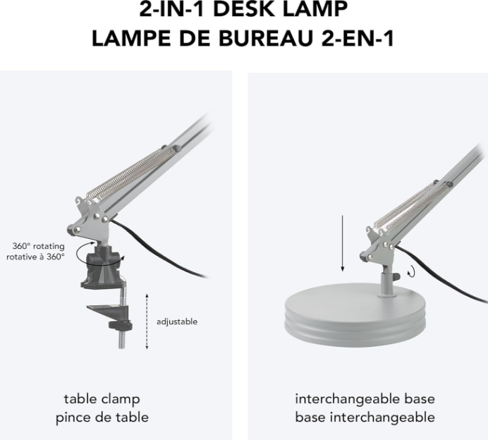 28" Spring Balanced Arm Desk Lamp, Matte Gray, On-Off Rotary Switch on Shade, Interchangeable Base and Clamp Arm Design, Home Décor, Desk Lamps for Home Office, Home Décor