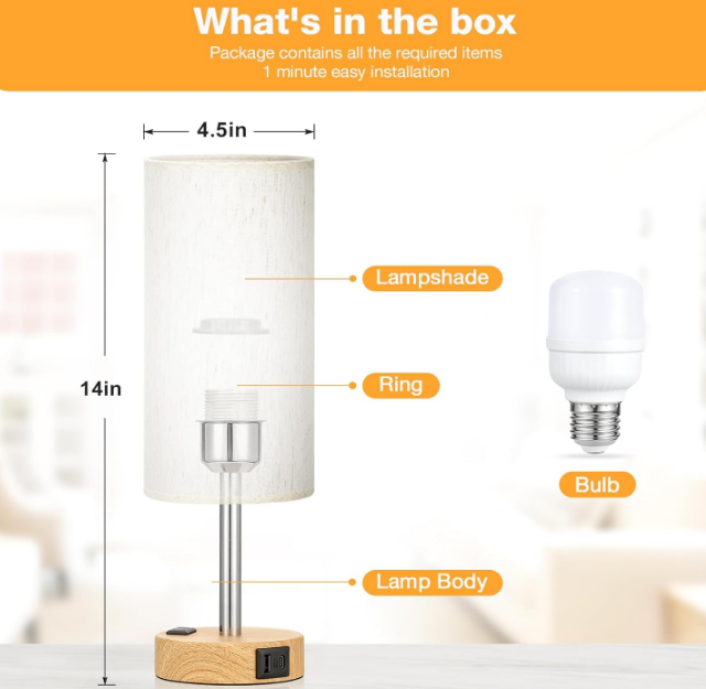 Bedside Table Lamp for Bedroom - 3 Way Dimmable Touch Lamp USB C Charging Ports and AC Outlet, Small Lamp Wood Base Round Flaxen Fabric Shade for Living Room, Desk, LED Bulb Included